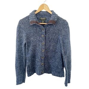 Eddie Bauer Blue Marled Elbow Patch Collared Wool Blend Cardigan Sweater